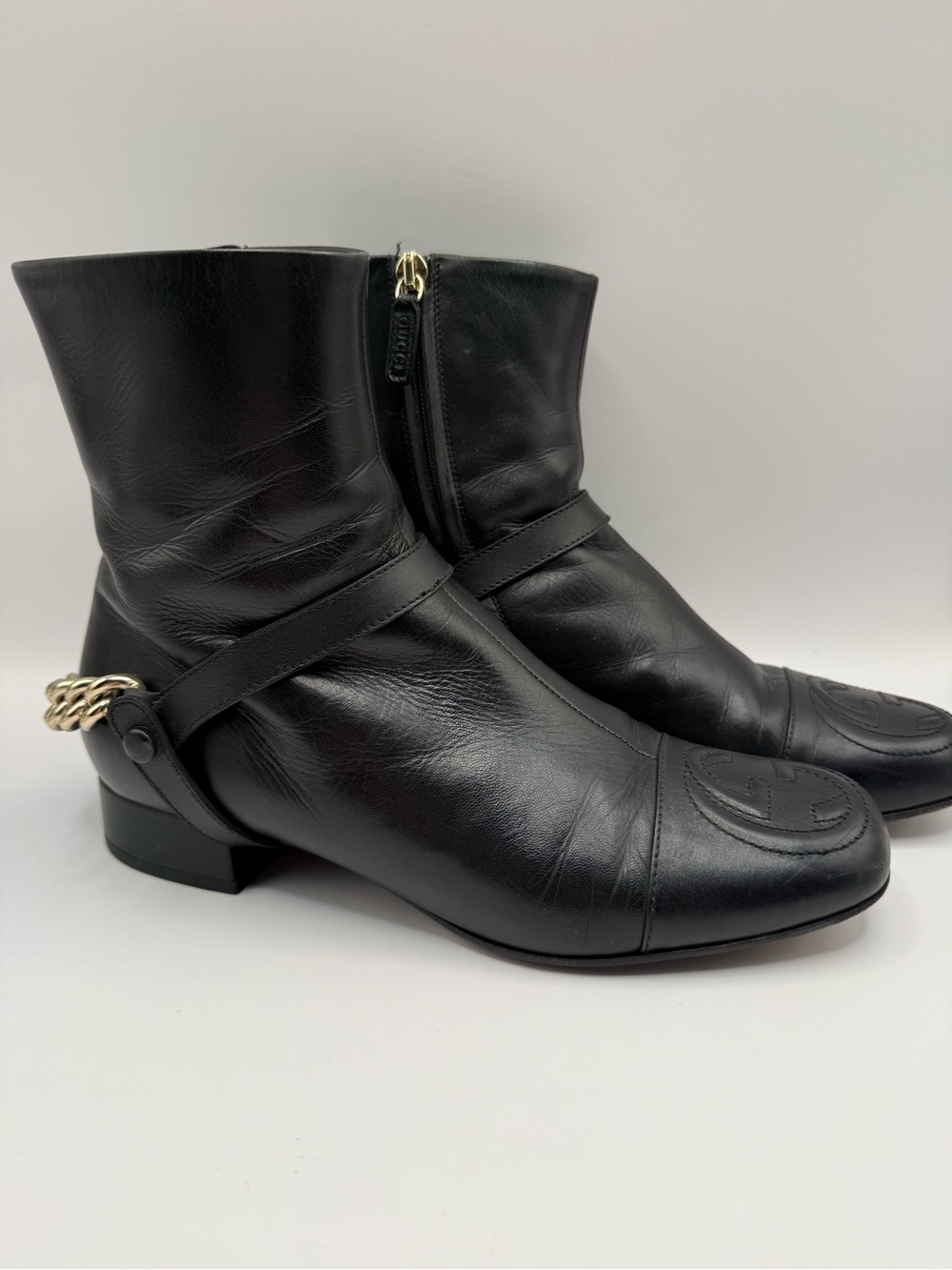 Gucci Soho Malaga GG Ankle Boots Black Leather Gold Chain 37.5 Authentic